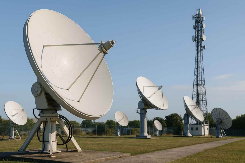 Satellite dishes and antenna tower for RF surge protection