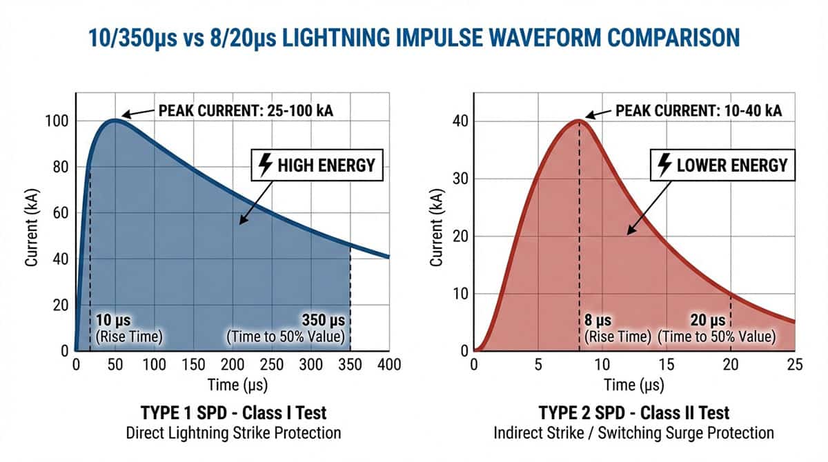 Lightning impulse waveform comparison between 10/350μs (Type 1 SPD) and 8/20μs (Type 2/3 SPD)