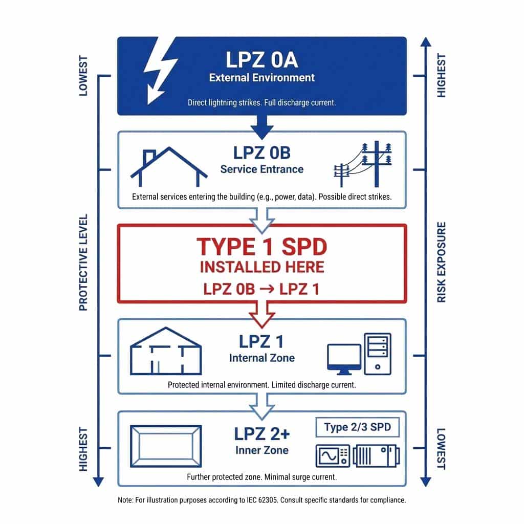 Lightning Protection Zone diagram IEC 62305 — Type 1 SPD at LPZ 0/1 service entrance