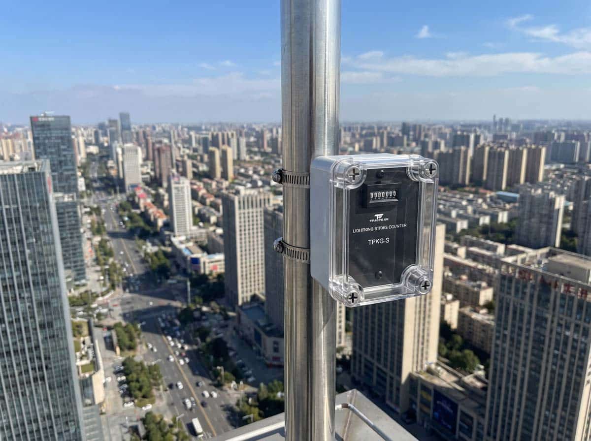 TrilPeak TPKG-S lightning strike counter installed on lightning rod down conductor