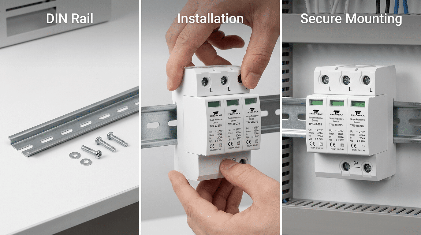 DIN rail surge protector installation — clip-on mounting of TrilPeak SPD onto 35mm DIN rail inside panel enclosure