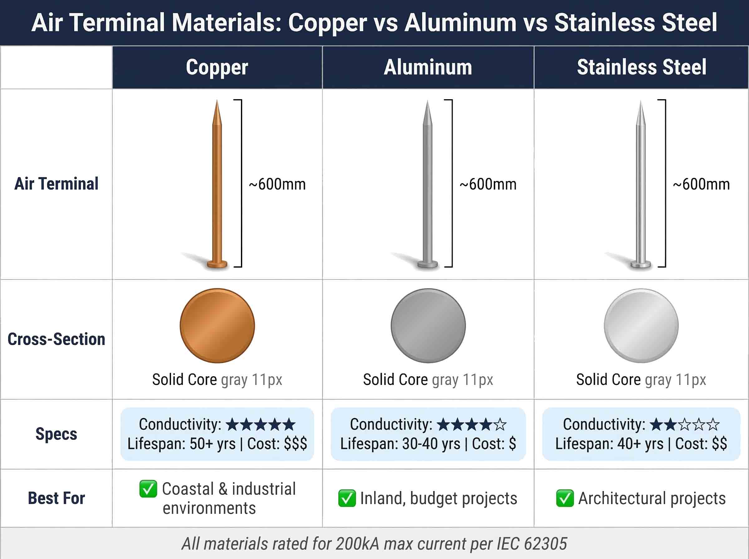 Comparison of copper, aluminum and stainless steel air terminal materials showing conductivity, lifespan and cost ratings per IEC 62305
