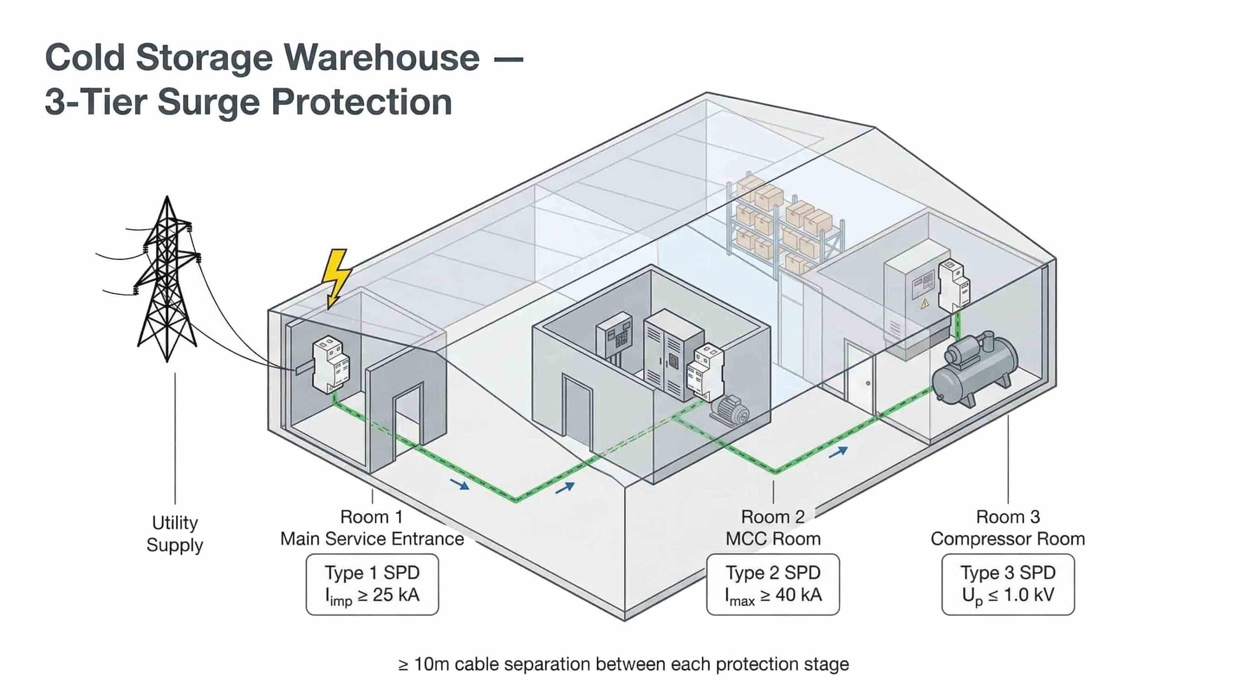 Cold storage warehouse surge protection layout — isometric view showing Type 1 SPD at main service entrance, Type 2 SPD at MCC room, Type 3 SPD at ammonia compressor room with 3-tier protection zones