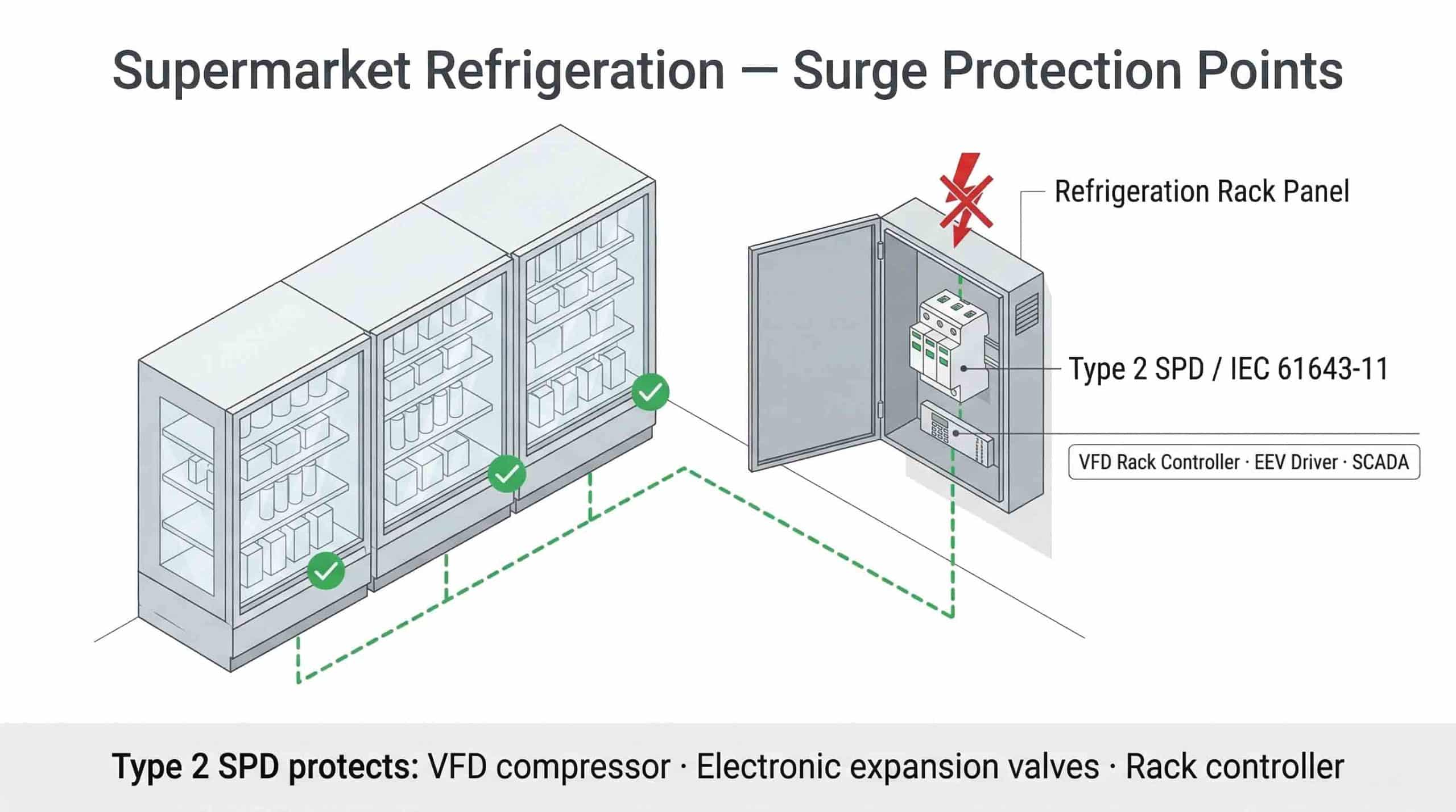 Commercial refrigeration surge protection for supermarket — Type 2 SPD installed in refrigeration rack panel protecting VFD compressor controller and electronic expansion valves on display cases
