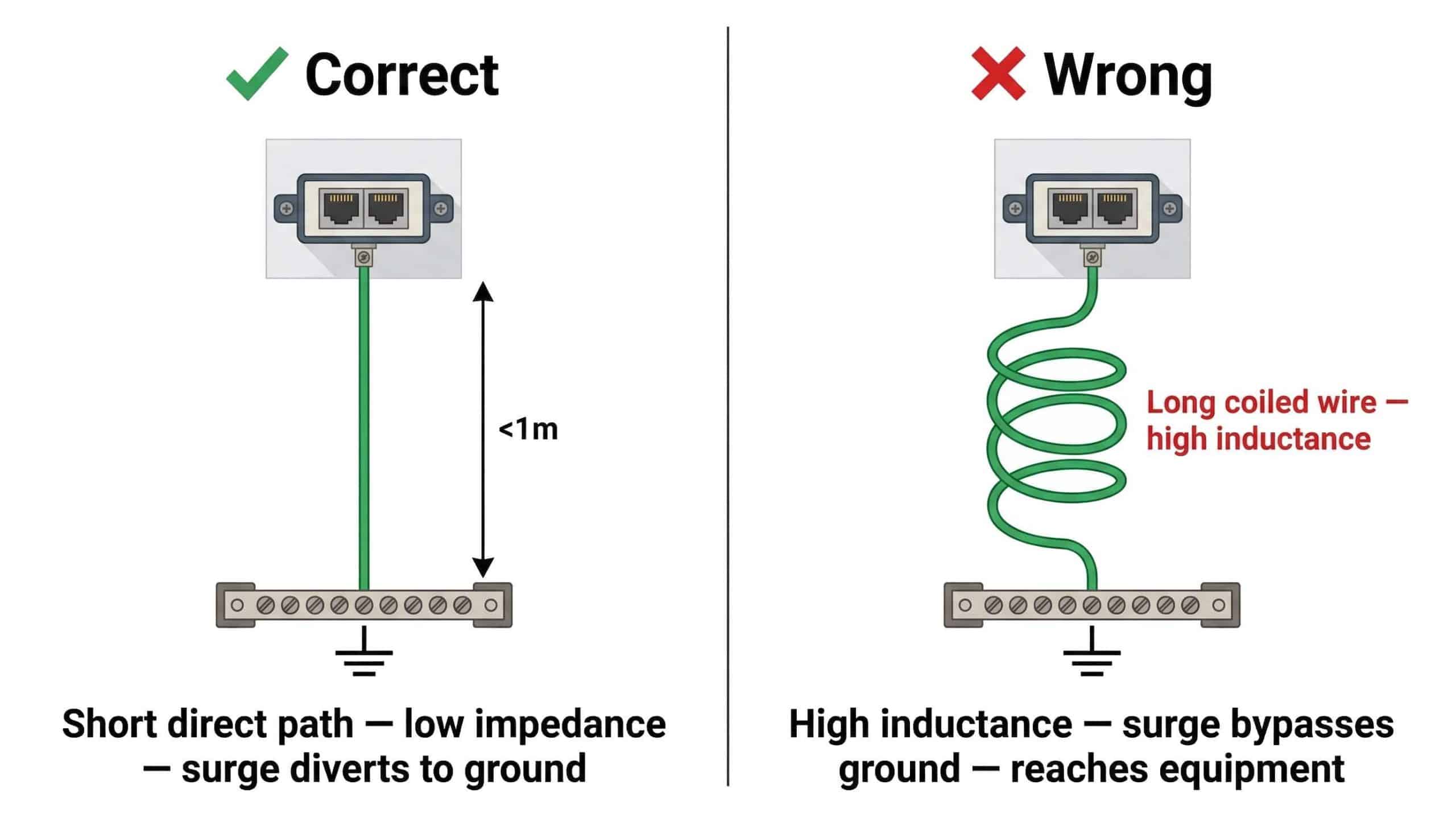 Correct vs incorrect ethernet surge protector grounding — short direct wire under 1 metre versus long coiled wire creating inductance that defeats surge protection