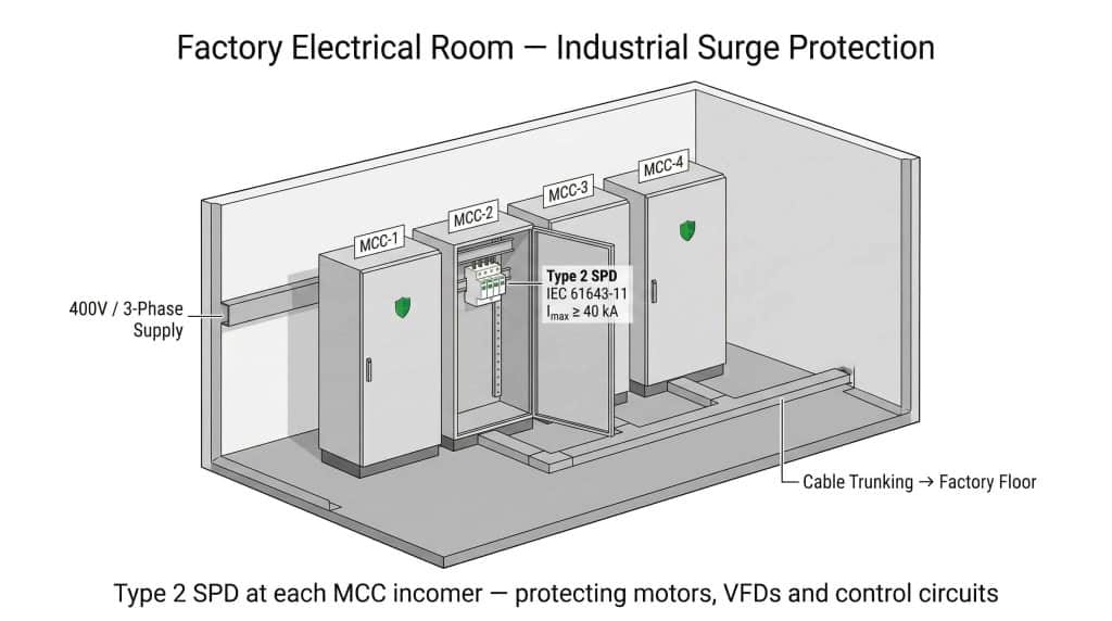Industrial surge protector installation in factory electrical room — row of Motor Control Centers with Type 2 SPD mounted at MCC-2 incomer panel, protecting 400V three-phase distribution to motors and VFDs