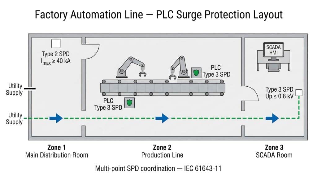 PLC surge protection layout for factory automation line — floor plan diagram showing Type 2 SPD at main distribution panel feeding Type 3 SPD at PLC control stations along conveyor and SCADA room