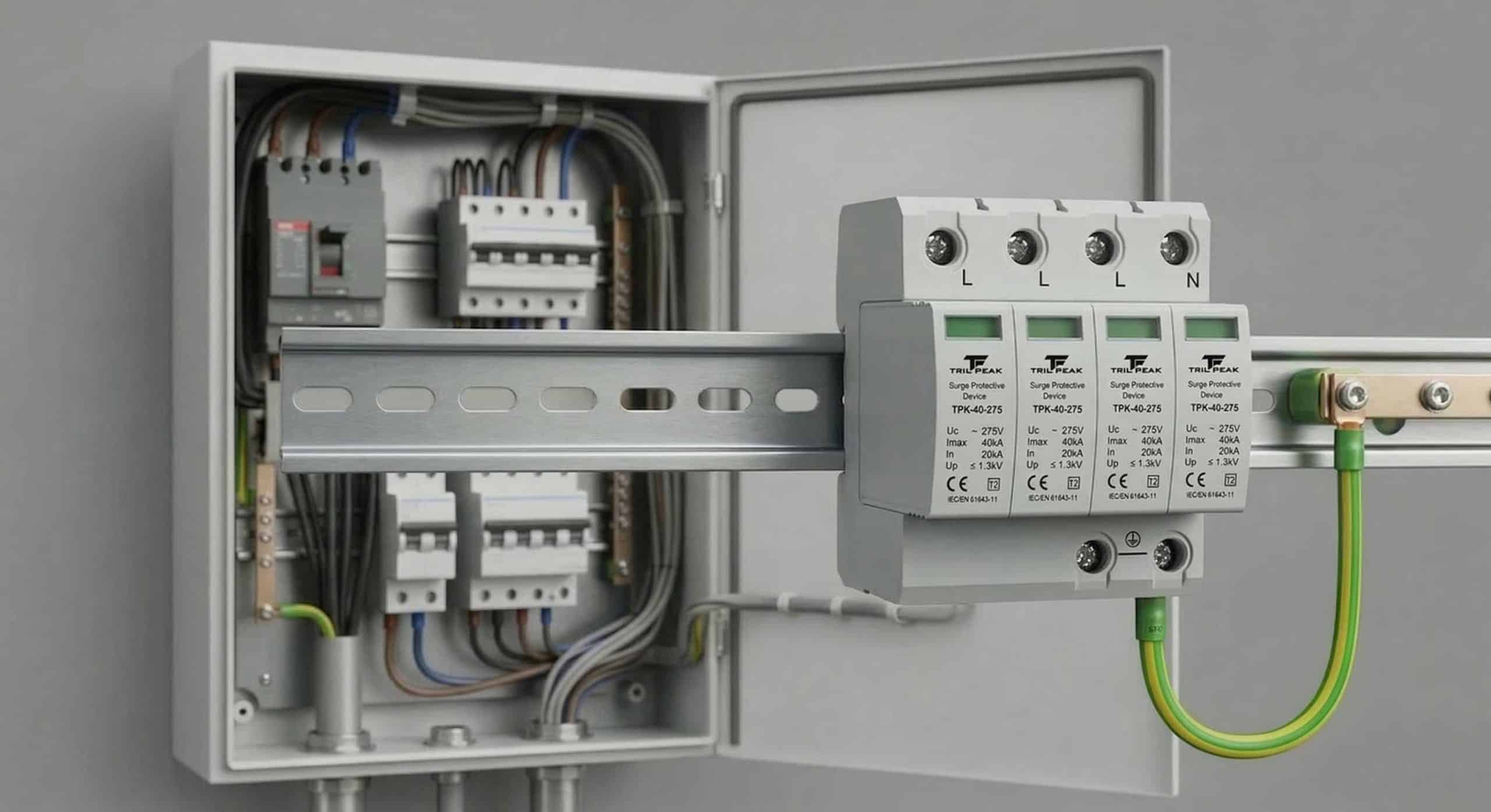 TrilPeak TPK-40-275 Type 2 surge protective device installed on DIN rail inside electrical distribution panel 3-phase plus neutral configuration L1 L2 L3 N showing green status indicator LEDs Uc 275V Imax 40kA In 20kA Up 1.3kV specifications IEC EN 61643-11 certified with PE ground connection