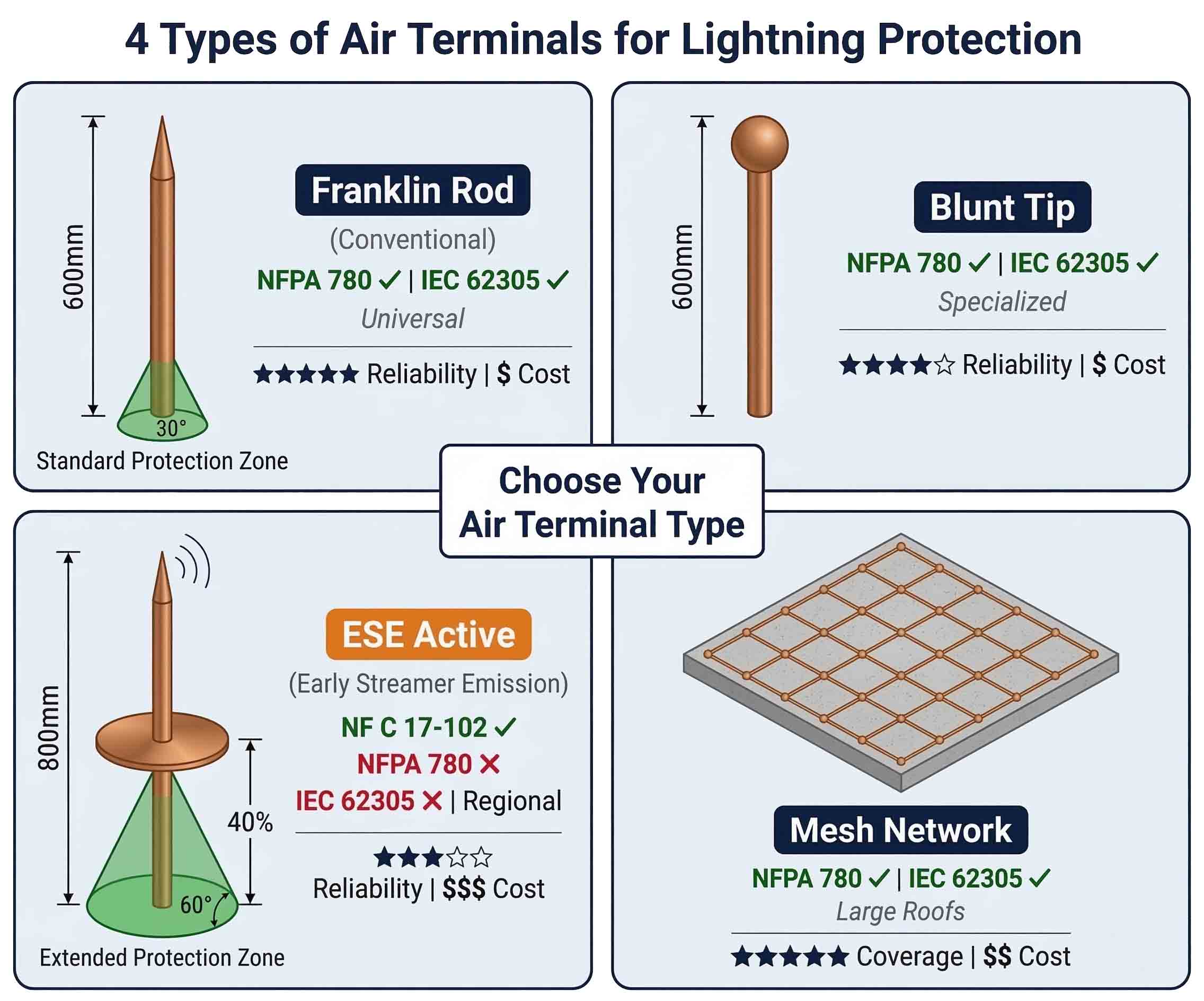 Four types of air terminals compared: Franklin rod, blunt tip, ESE early streamer emission, and mesh network system with NFPA 780 and IEC 62305 acceptance status