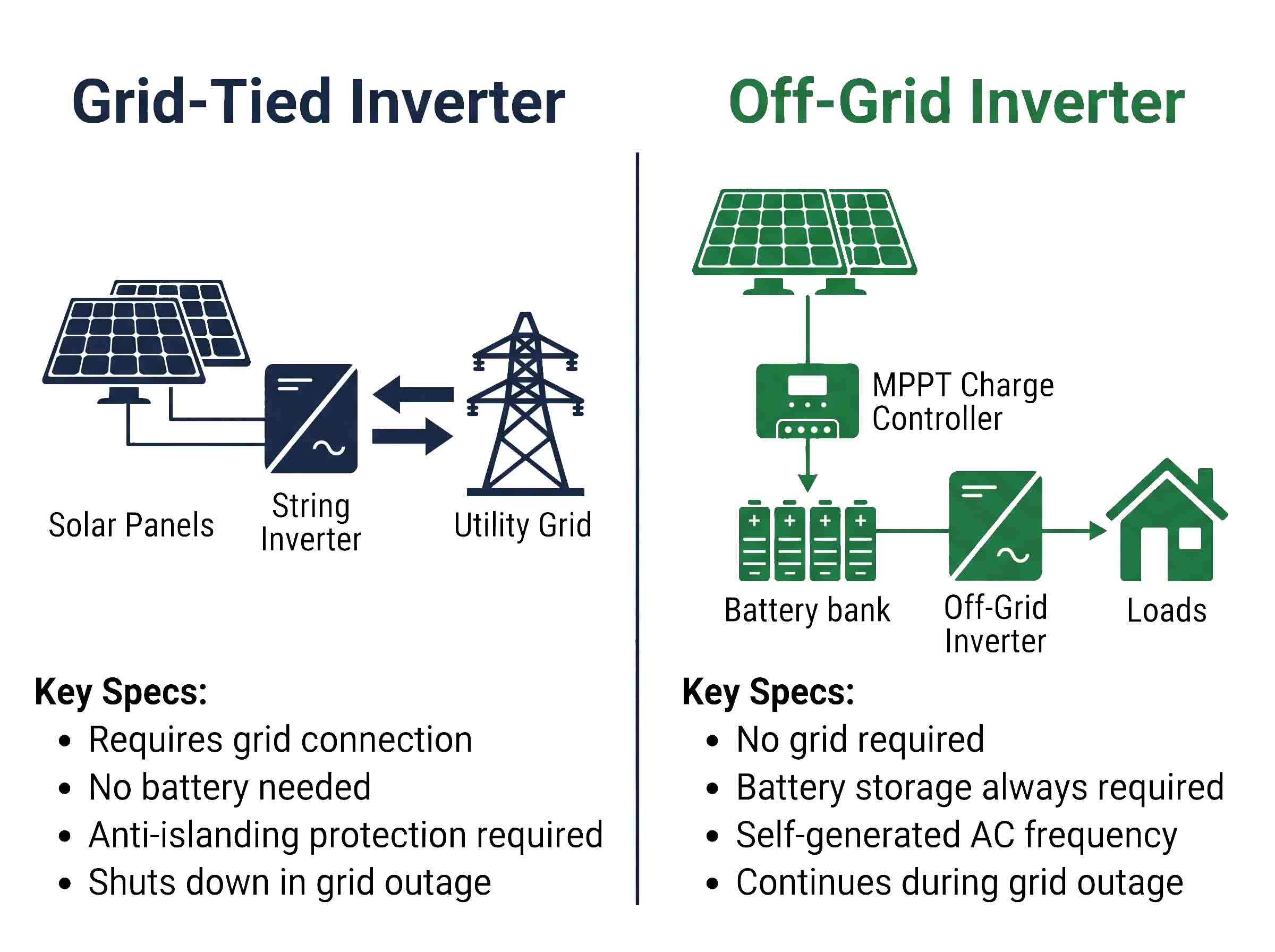 Grid-tied vs off-grid inverter comparison diagram showing system architecture, components, and key technical specifications including anti-islanding protection and MPPT charge controller
