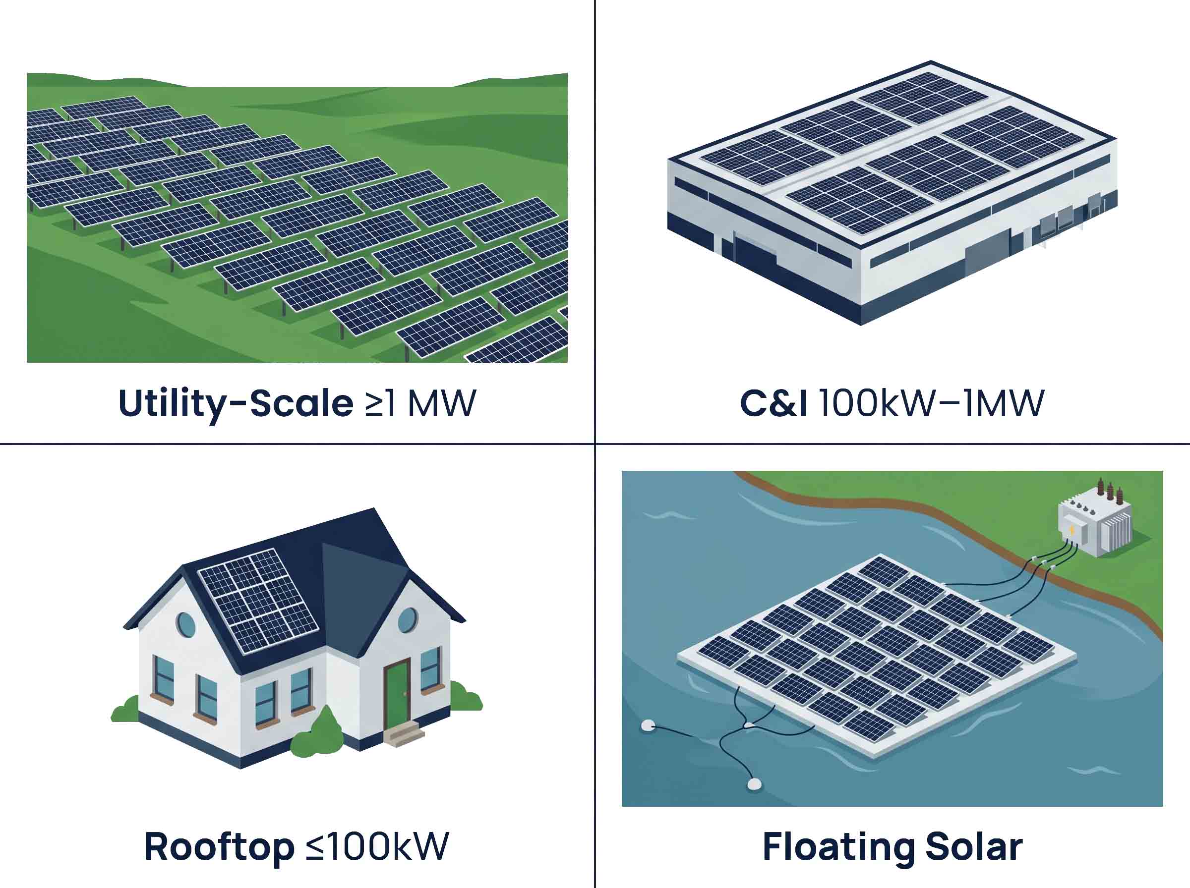 Four types of solar power plant: utility-scale ground mount 1MW or more, commercial and industrial rooftop 100kW to 1MW, residential rooftop under 100kW, and floating solar on water