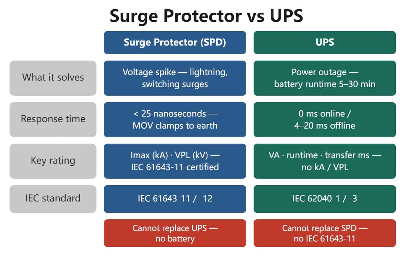 Surge protector vs UPS comparison table showing key differences in function, response time, ratings, and IEC standards