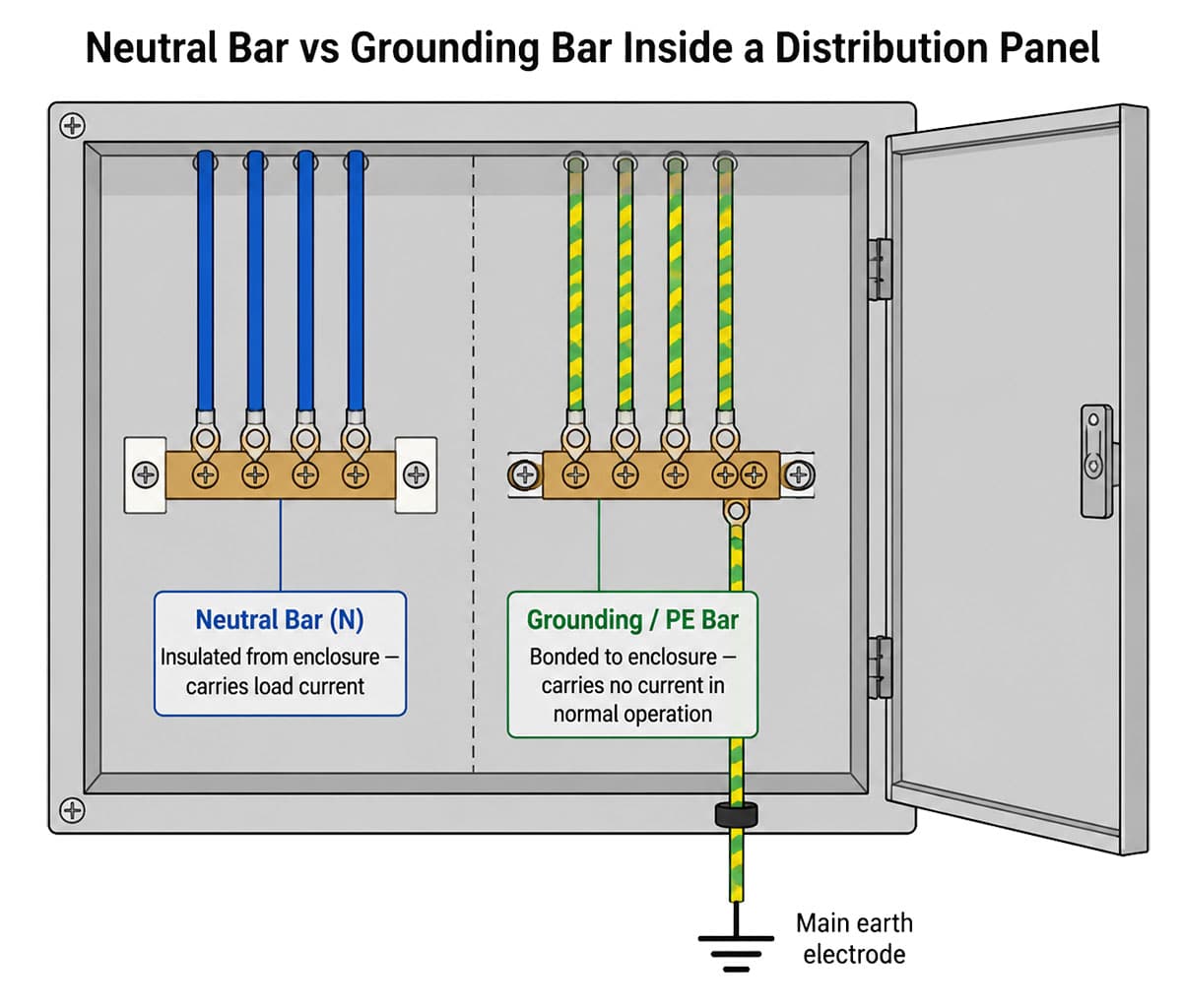 Neutral bar vs grounding bar panel diagram showing insulated N bar and bonded PE bar IEC 60364