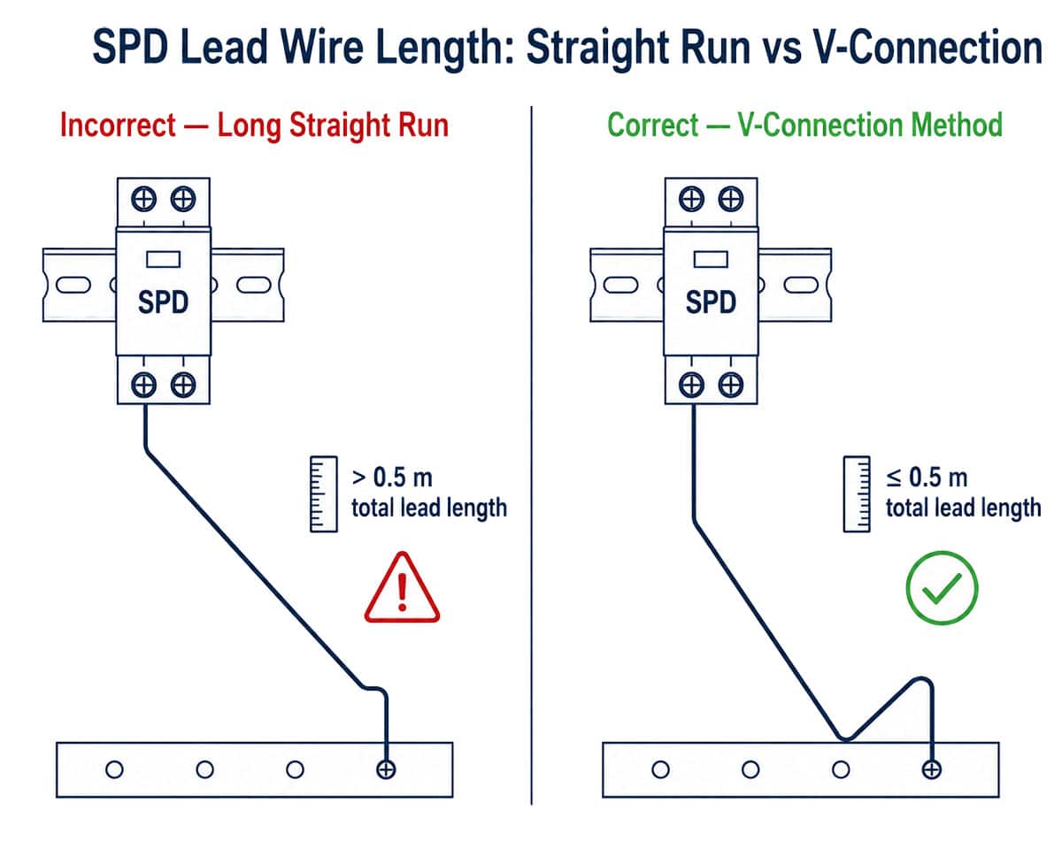 SPD lead wire length V-connection method diagram surge protective device installation