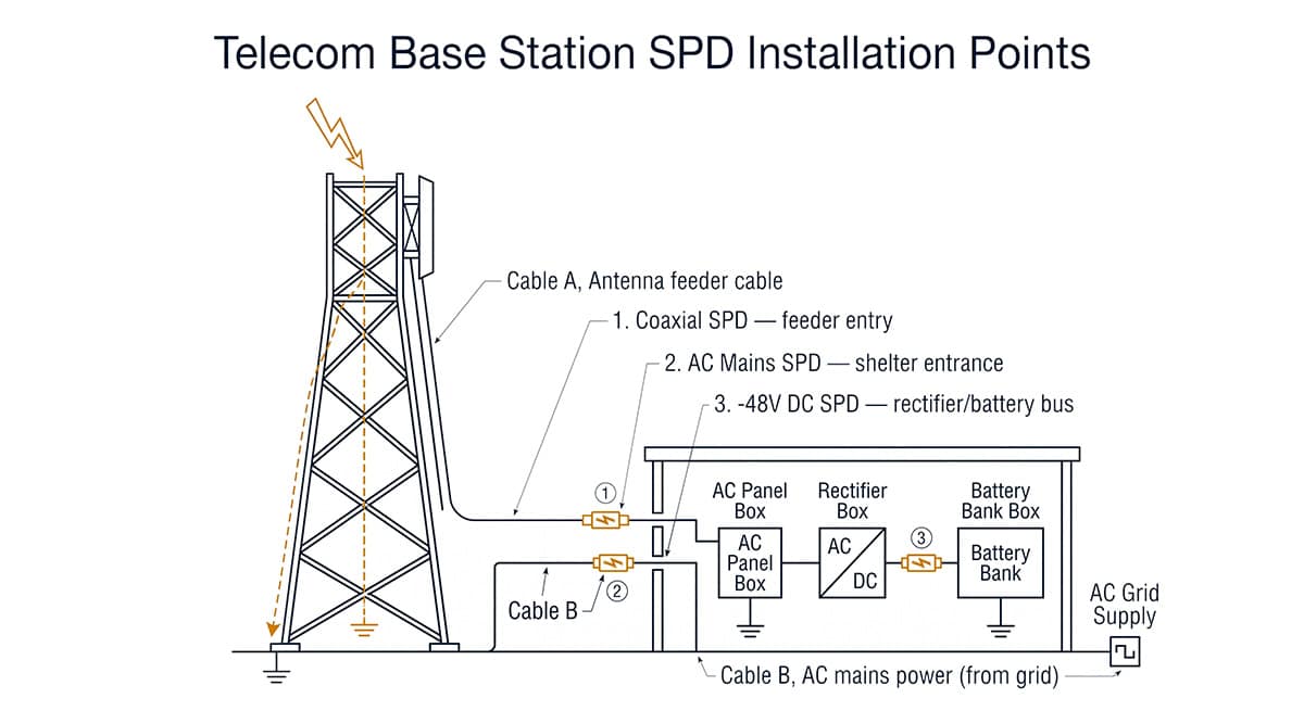 Telecom base station SPD guide diagram showing AC DC and coaxial surge protection points IEC 61643-11