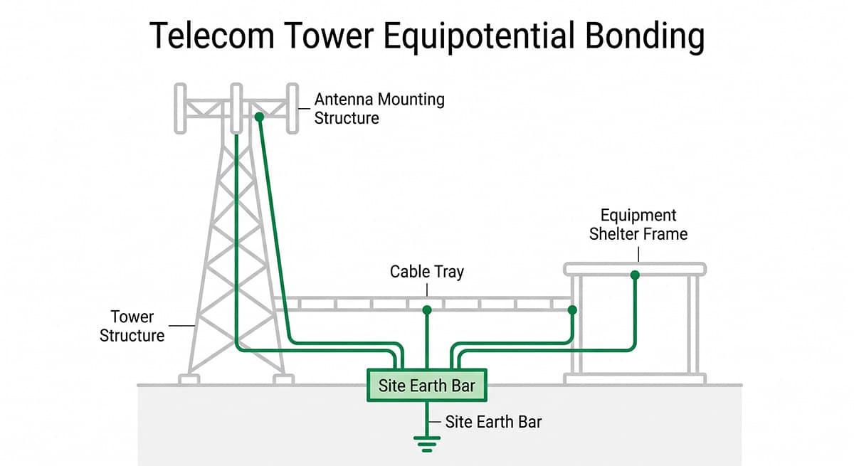 Telecom tower equipotential bonding diagram showing SPD earth connections IEC 62305