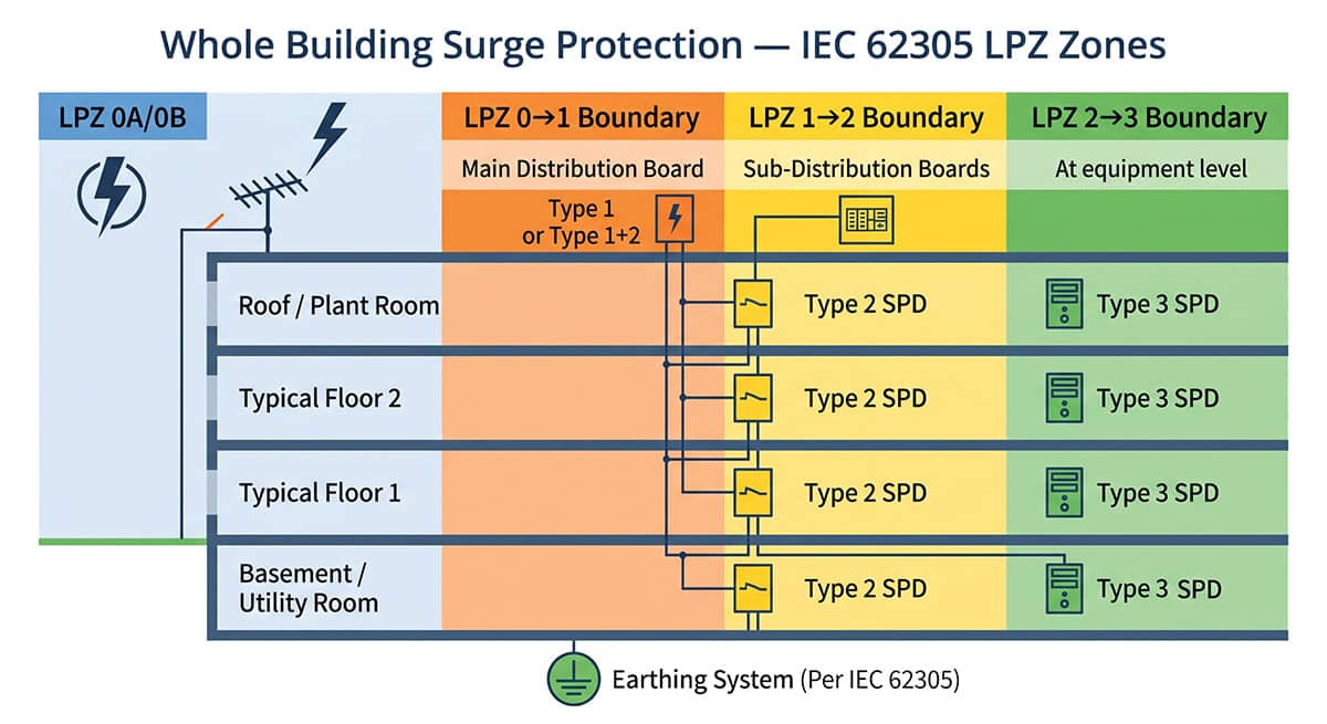 Whole building surge protection diagram showing IEC 62305 LPZ zones from LPZ 0A/0B outside through LPZ 0-1 at main distribution board with Type 1 or Type 1+2 SPD, LPZ 1-2 at sub-distribution boards with Type 2 SPD, to LPZ 2-3 at equipment level with Type 3 SPD